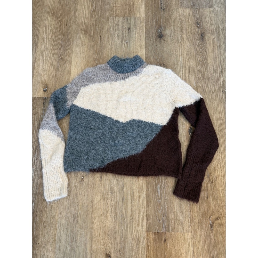 Oak + Fort Minimalist Colorblock Mock Neck Sweater Women S Brown Grey Cream Wool